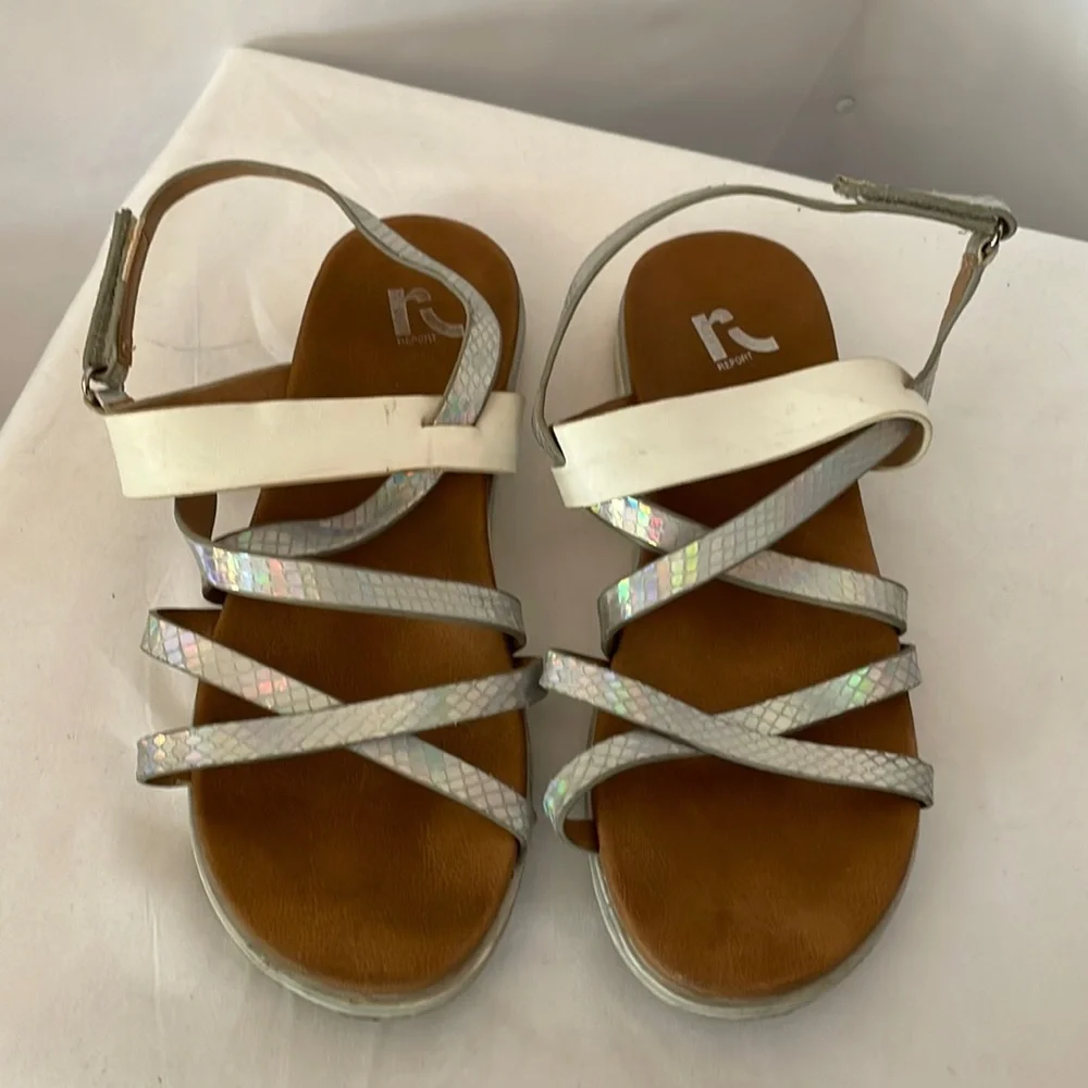 Report sandals Velcro straps‎ snake print silver rainbow metallic size 3